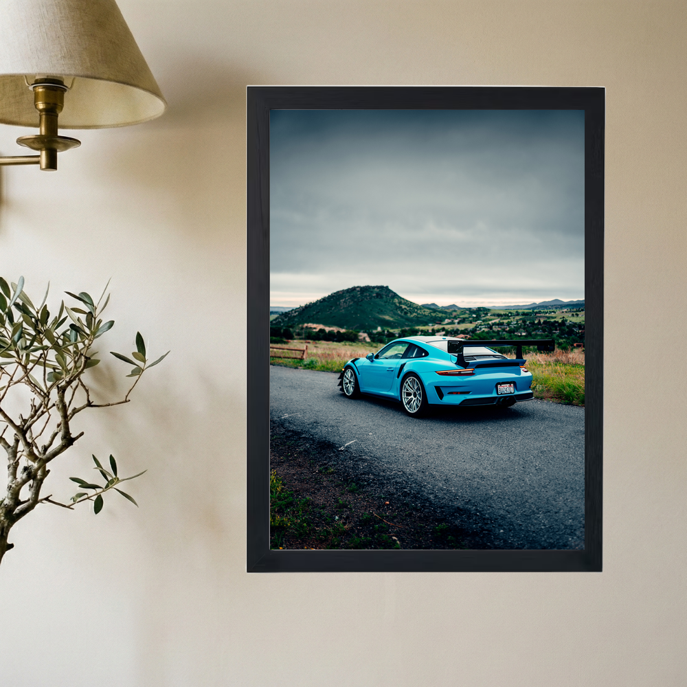 Porsche GT3RS 'Blue Car Back Roads' Poster - Mockup 2