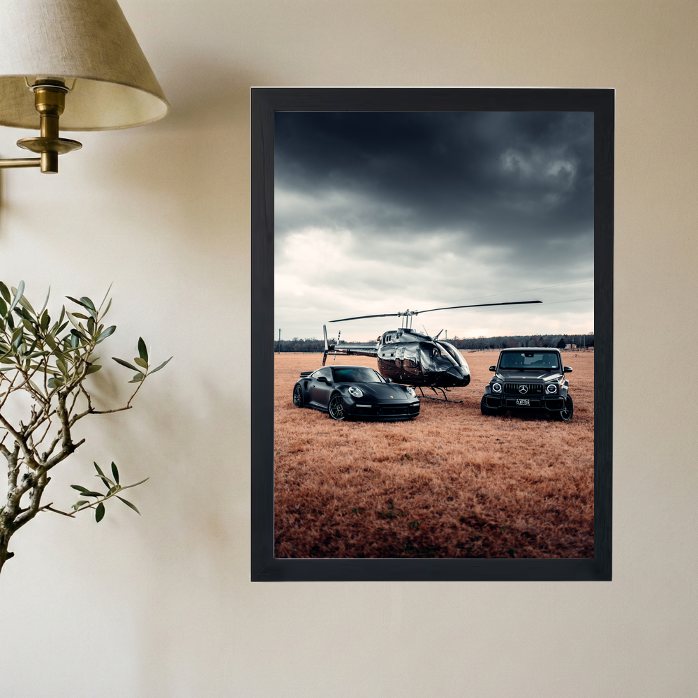 Porsche 911 Turbo S X G Wagon X Helicopter 'All Black Everything' Poster - Mockup 2