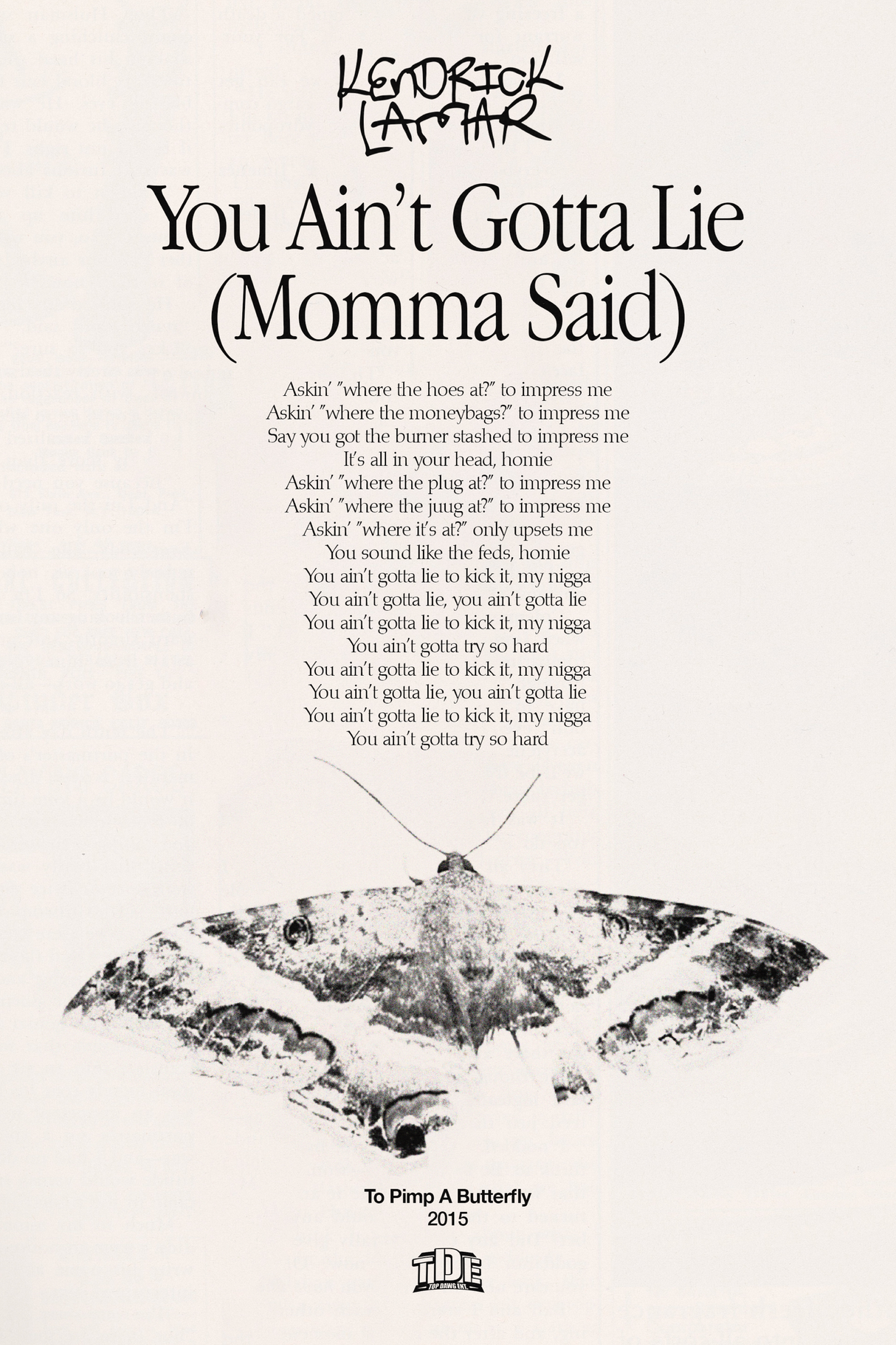 Kendrick Lamar 'You Ain't Gotta Lie' Lyrics Poster