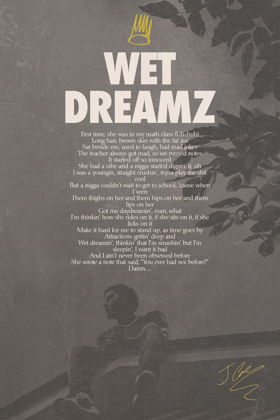 J Cole 'Wet Dreamz' Lyrics Poster, shown hanging above a console table