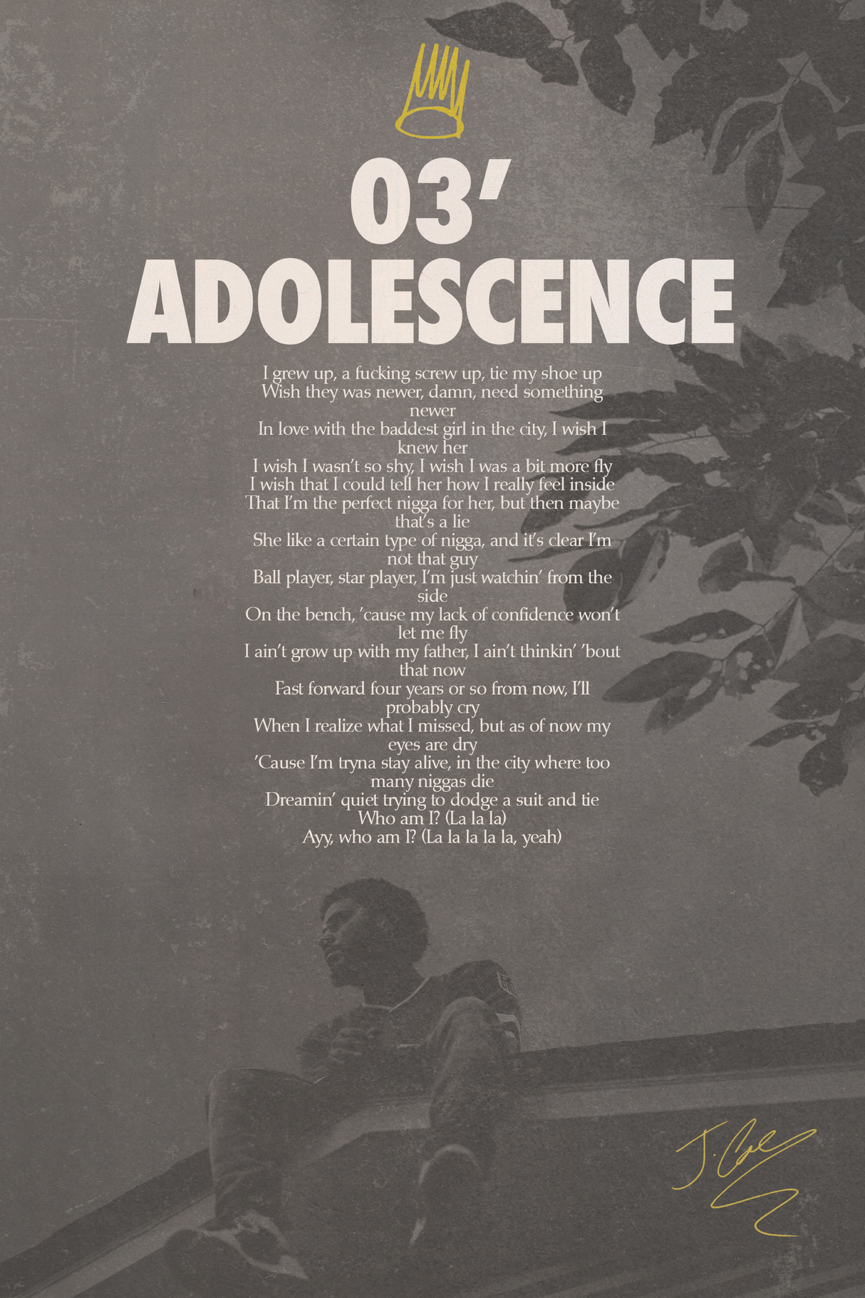 J Cole '03' Adolescence' Lyrics Poster