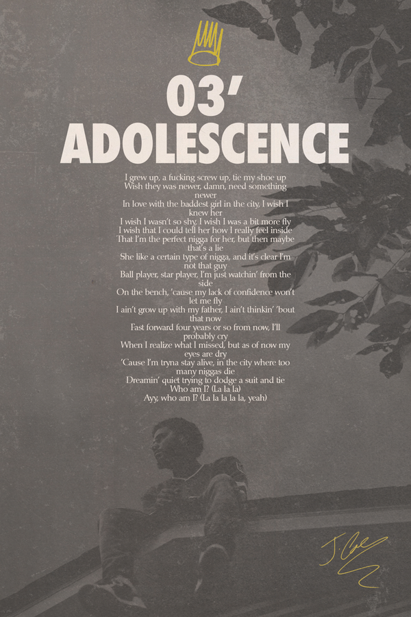 J Cole '03' Adolescence' Lyrics Poster