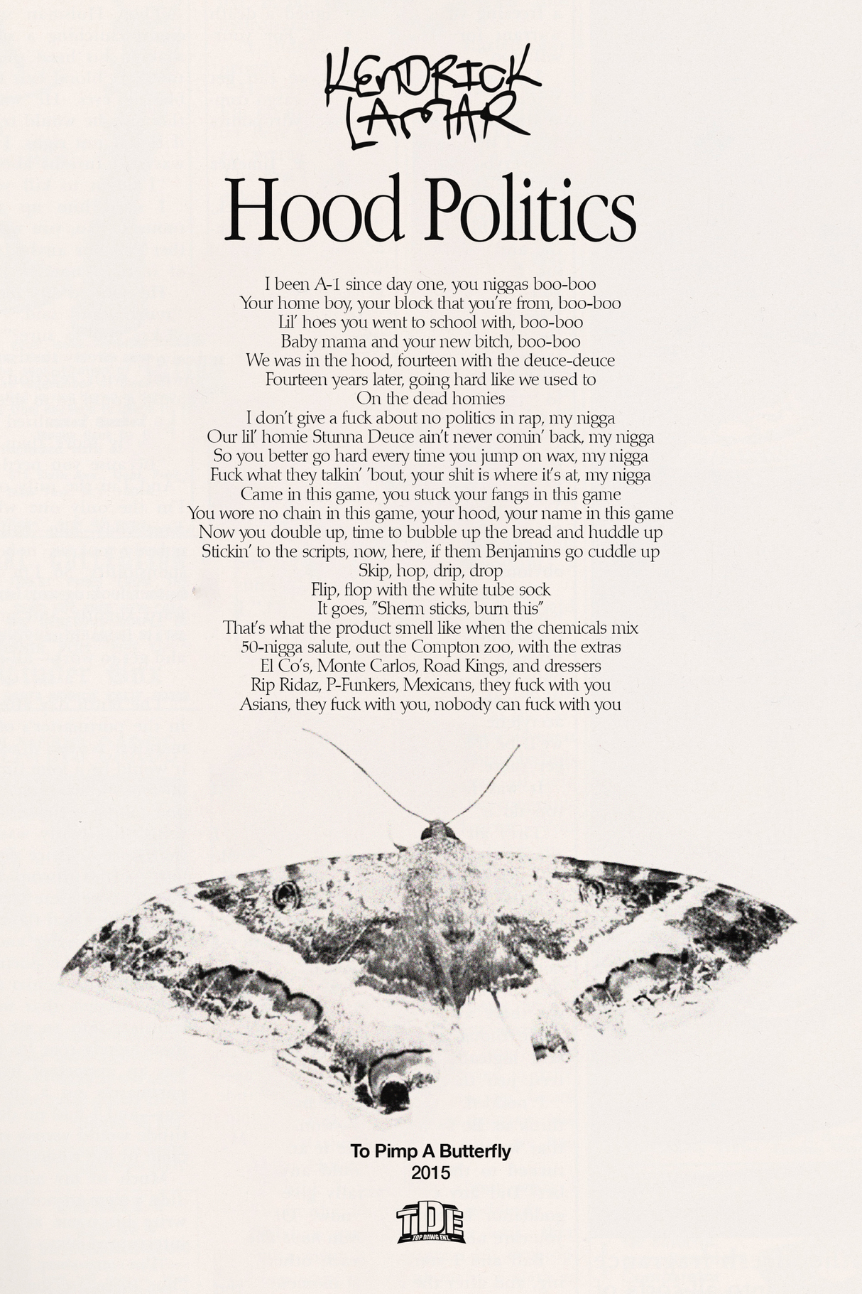 Kendrick Lamar 'Hood Politics' Lyrics Poster