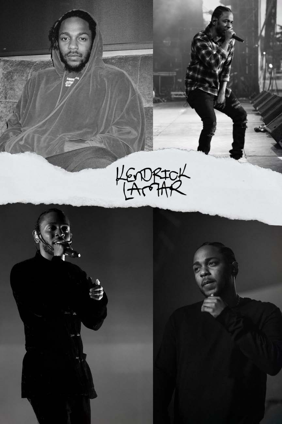 Kendrick Lamar B&W Collage Poster, shown hanging above a console table
